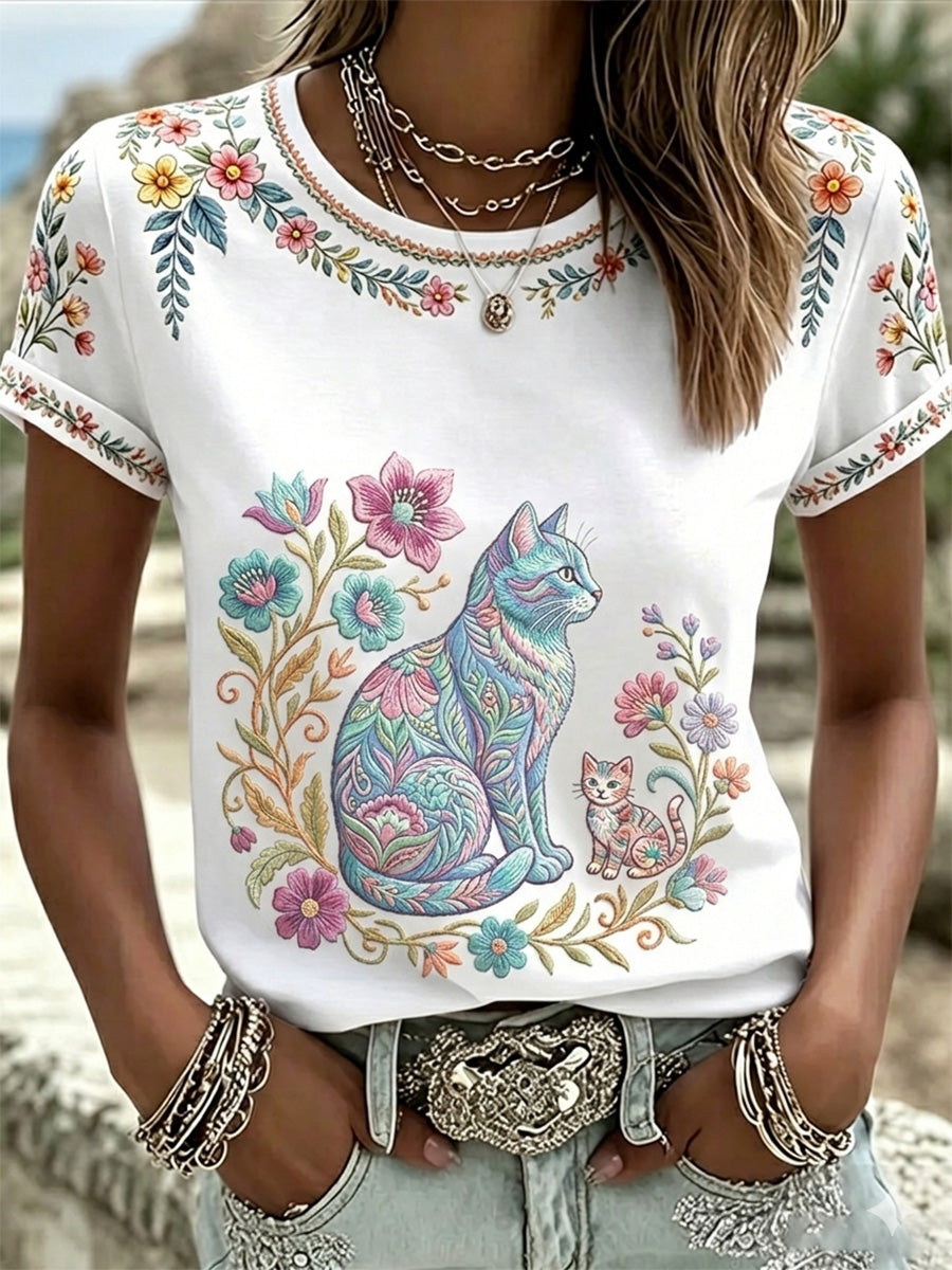 Camiseta casual feminina com estampa de gatos e flores