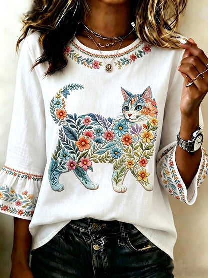 Top casual feminino com estampa de gatos e flores