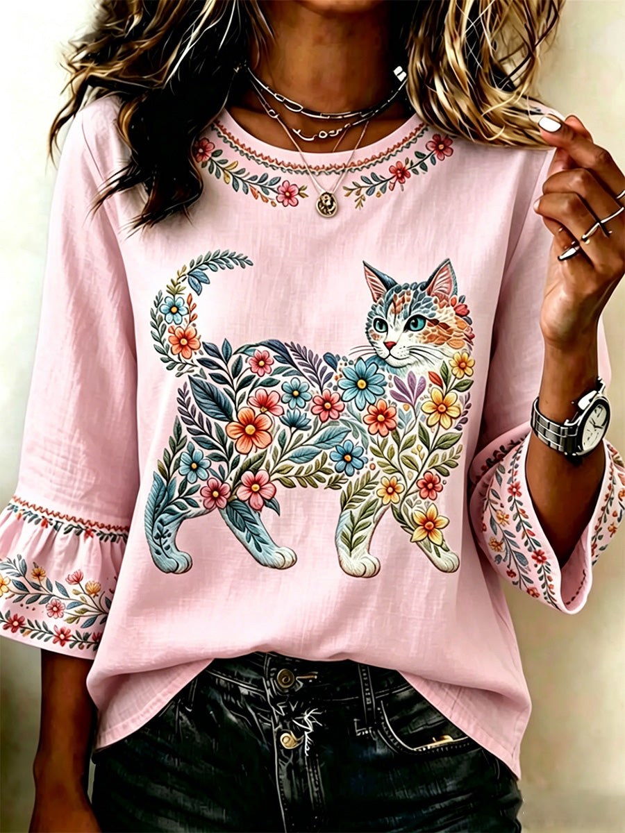 Top casual feminino com estampa de gatos e flores