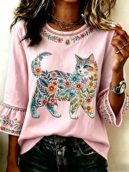 Top casual feminino com estampa de gatos e flores