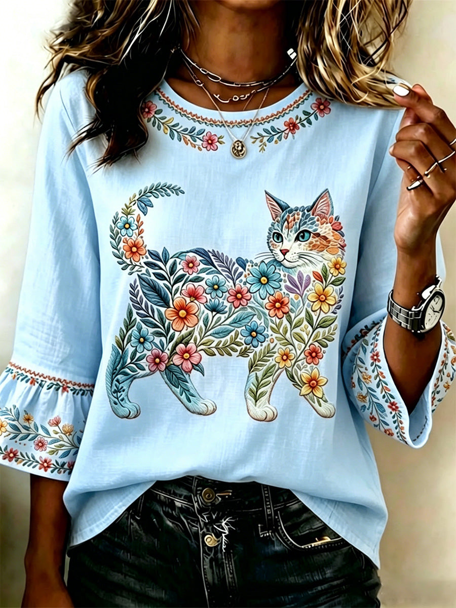 Top casual feminino com estampa de gatos e flores