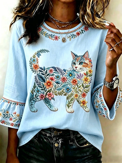 Top casual feminino com estampa de gatos e flores