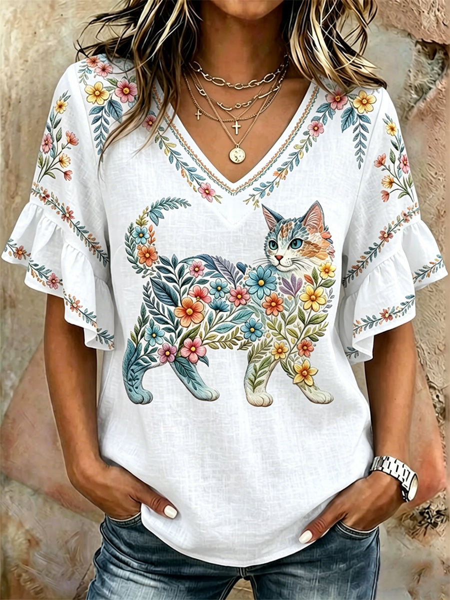 Top feminino casual com estampa de gatos e flores, decote em V