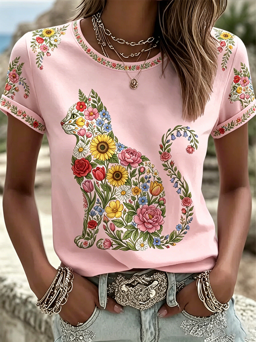 Camiseta casual feminina com estampa de gatos e flores