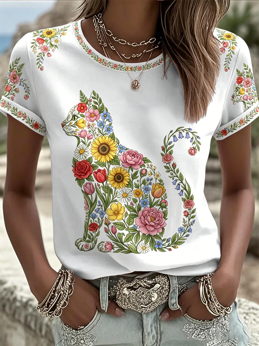 Camiseta casual feminina com estampa de gatos e flores
