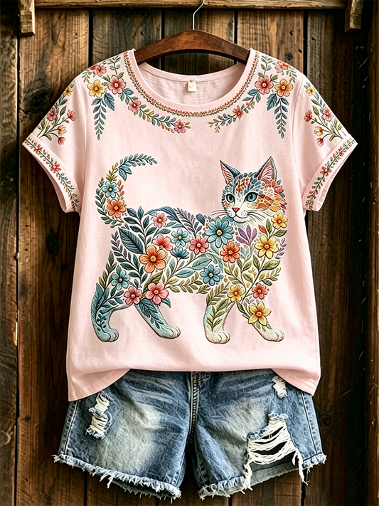 Camiseta casual feminina com estampa de gatos e flores