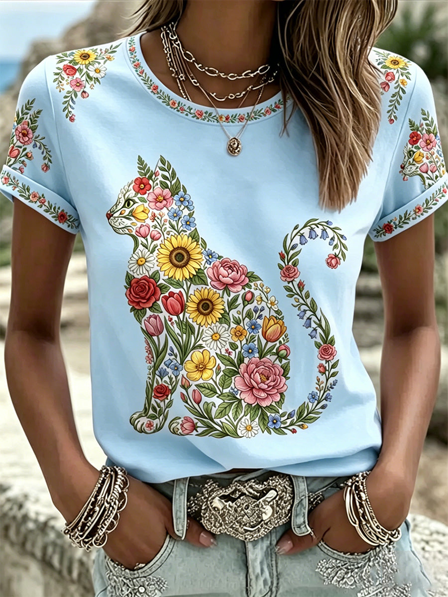 Camiseta casual feminina com estampa de gatos e flores