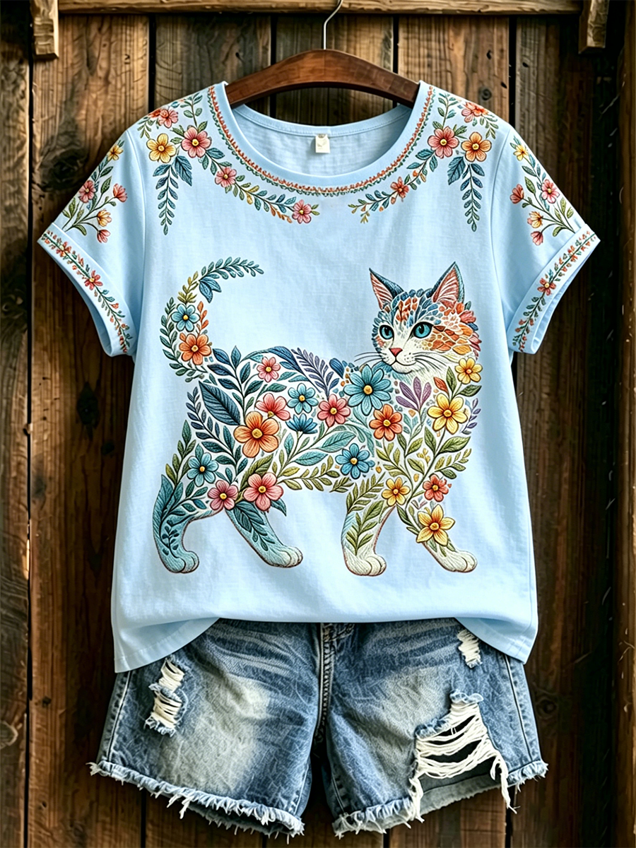 Camiseta casual feminina com estampa de gatos e flores