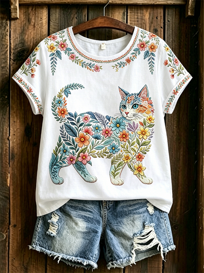 Camiseta casual feminina com estampa de gatos e flores
