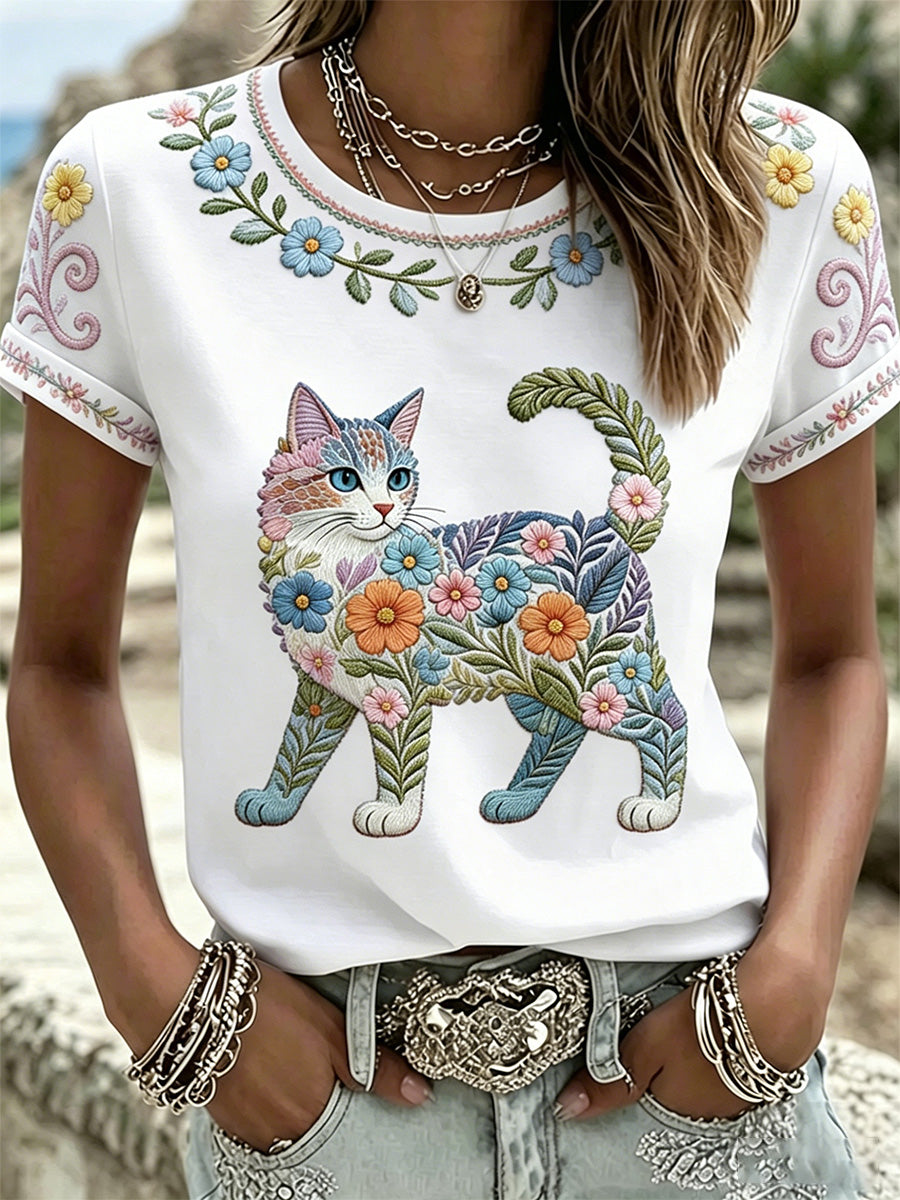 Camiseta casual feminina com estampa de gatos e flores