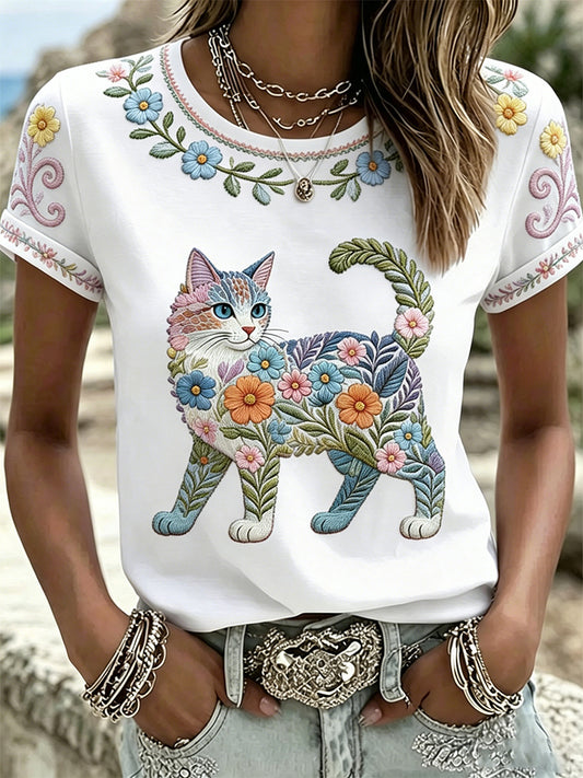 Camiseta casual feminina com estampa de gatos e flores