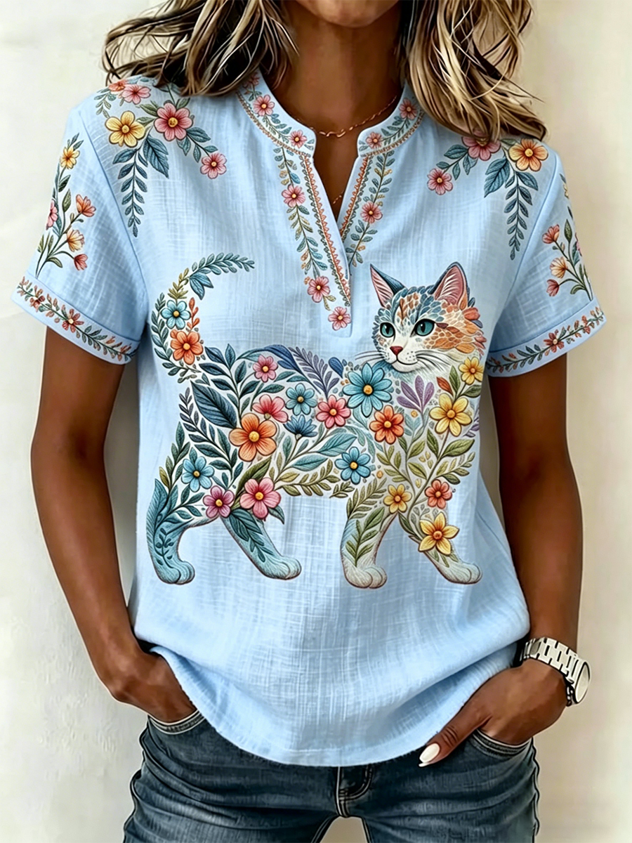 Top feminino casual com estampa de gatos e flores, decote em V