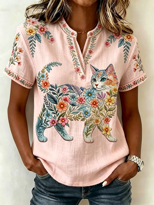 Top feminino casual com estampa de gatos e flores, decote em V