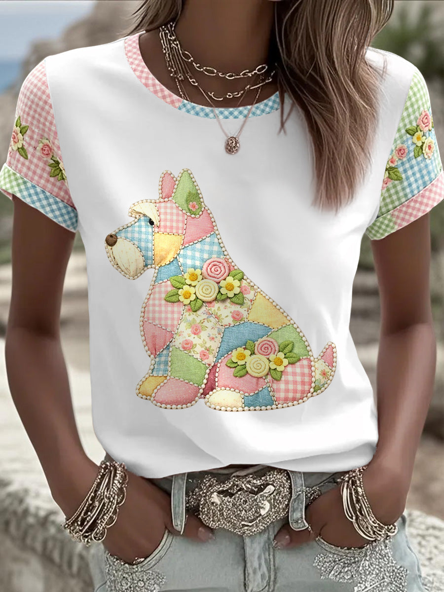 Camiseta casual feminina com estampa floral de cães
