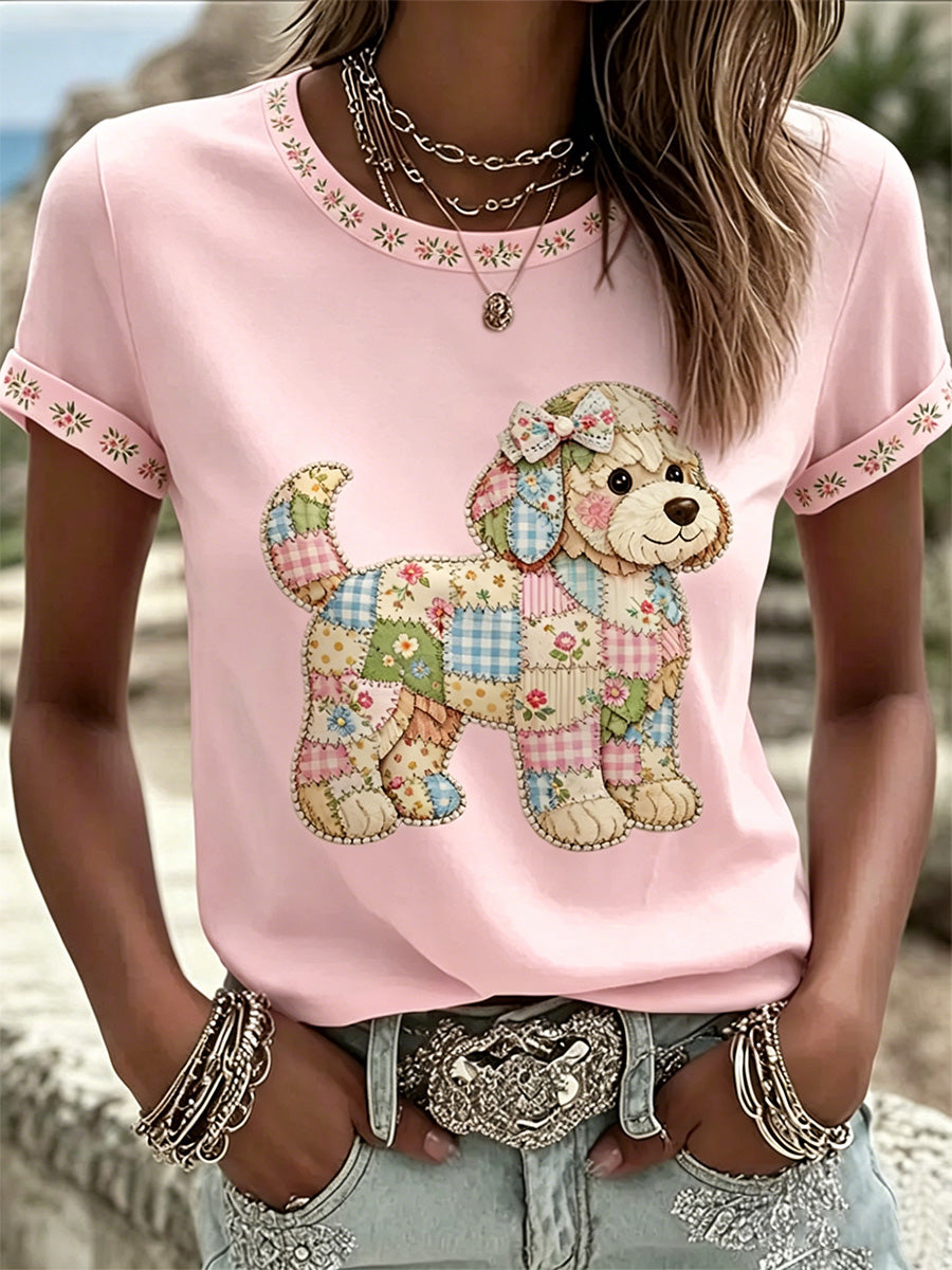 Cão Floral das mulheres imprimir Tee Casual