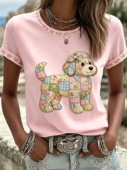 Cão Floral das mulheres imprimir Tee Casual
