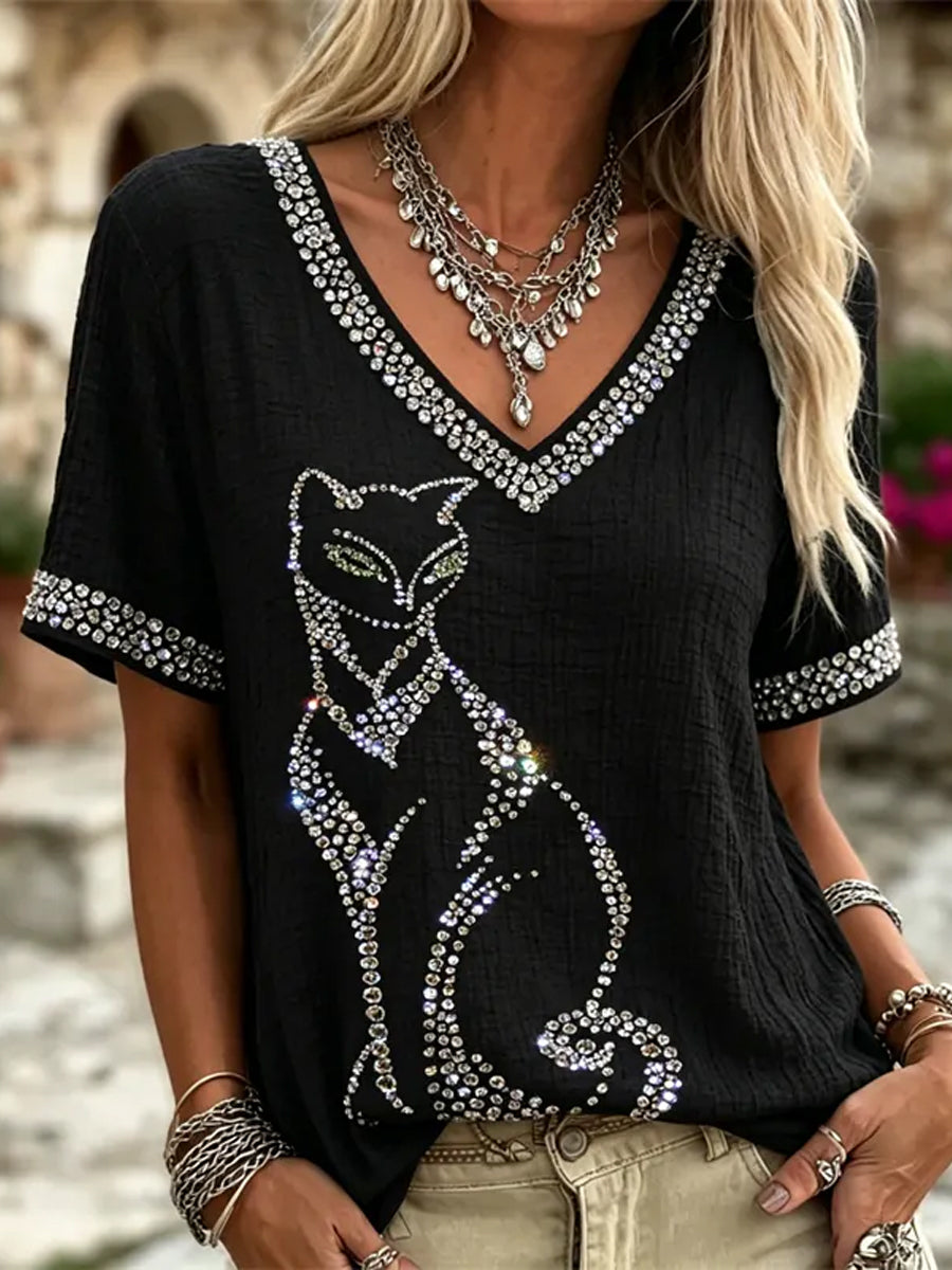 Elegante Glitter Cat Art confortável linho v-Neck linho mangas curtas Top feminino