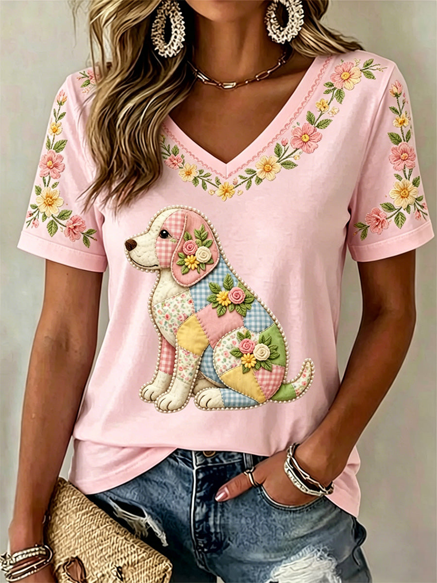 Cão Floral feminino Imprimir Casual V-Neck Tee