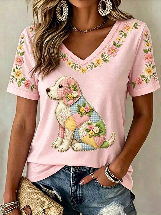 Cão Floral feminino Imprimir Casual V-Neck Tee