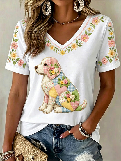 Cão Floral feminino Imprimir Casual V-Neck Tee