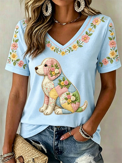 Cão Floral feminino Imprimir Casual V-Neck Tee