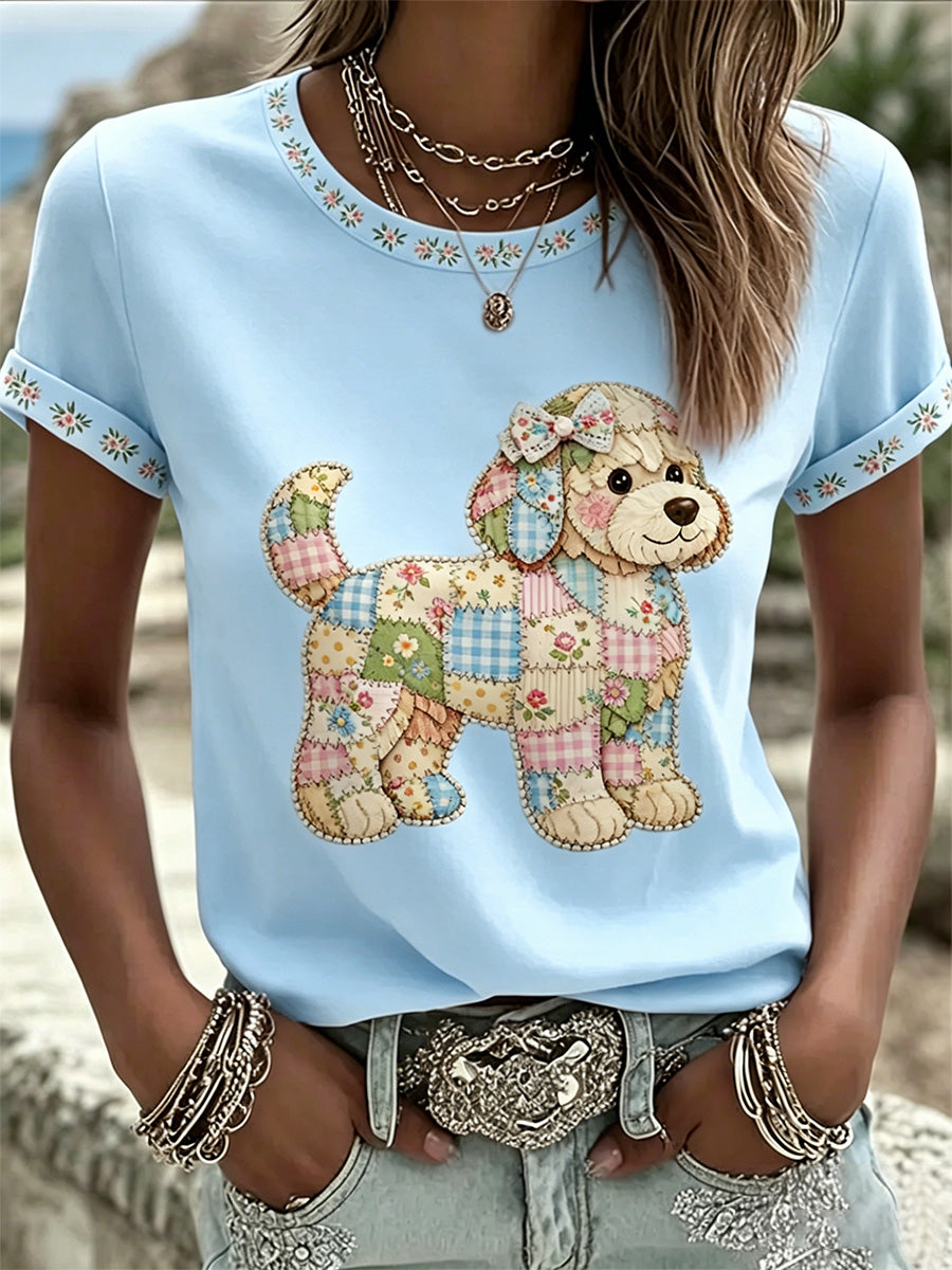 Cão Floral das mulheres imprimir Tee Casual