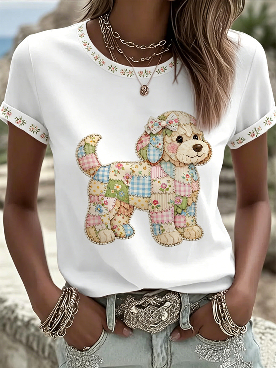 Cão Floral das mulheres imprimir Tee Casual