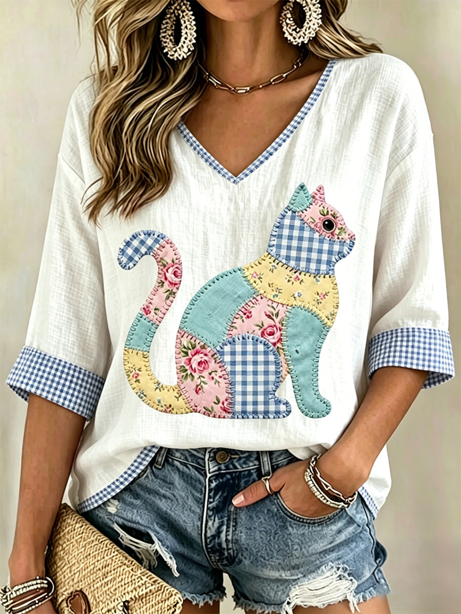Gato Floral feminino imprimir Casual decote em v Top