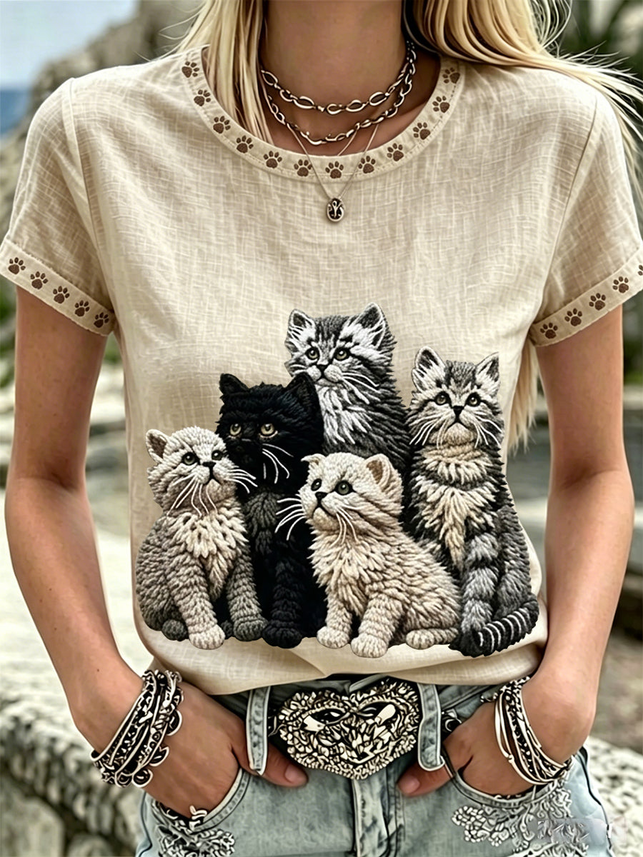 Gatos adoráveis Art & pata imprime o pescoço de linho mangas curtas Top feminino