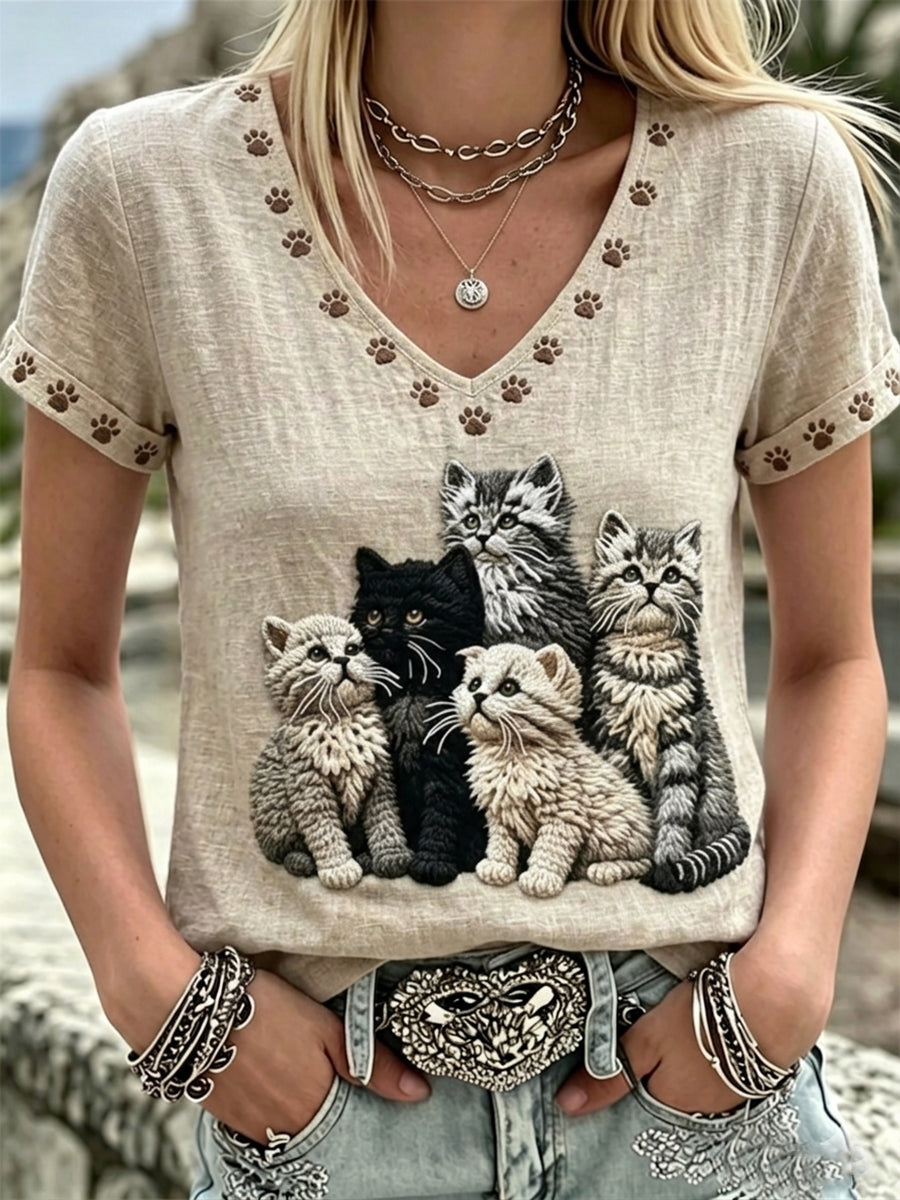 Adoráveis gatos Art & pata imprime v-Neck linho mangas curtas Top das mulheres