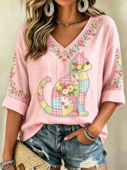 Blusa casual com estampa de gato e flores, decote em V, para mulheres