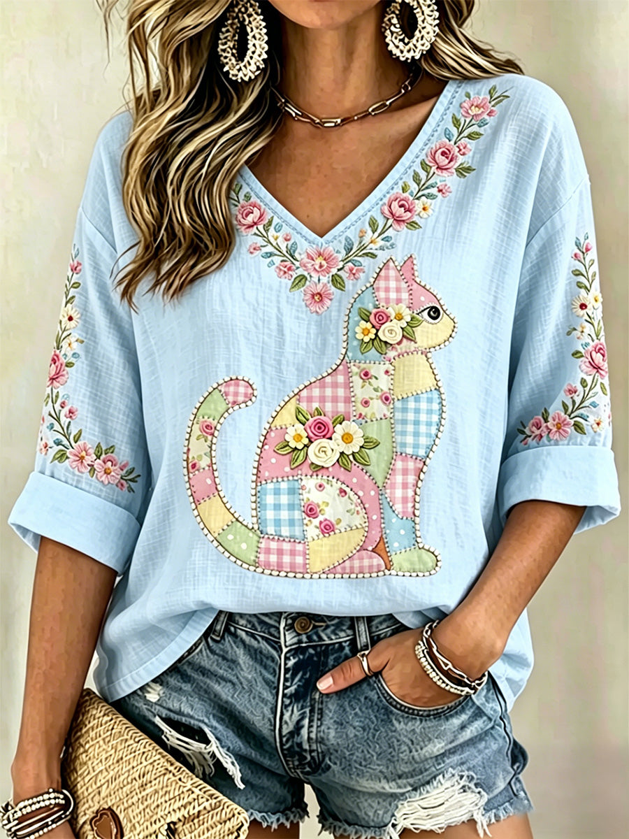 Blusa casual com estampa de gato e flores, decote em V, para mulheres