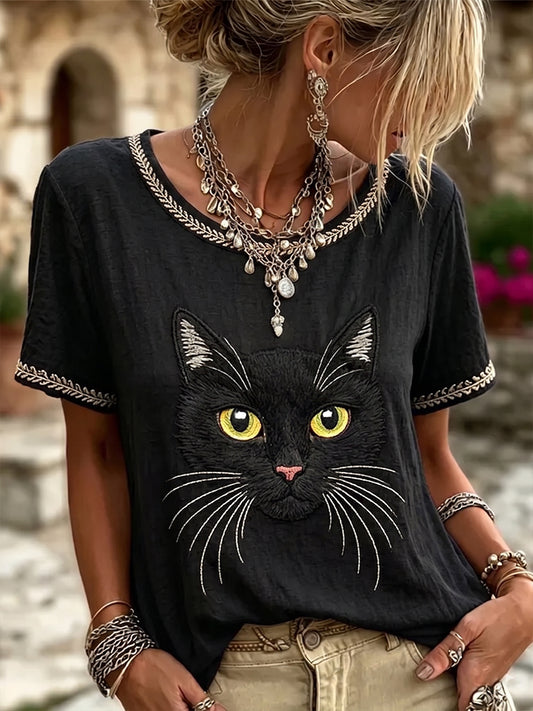 Gato preto Vintage rosto arte linho do mulheres redondo pescoço mangas curtas Top