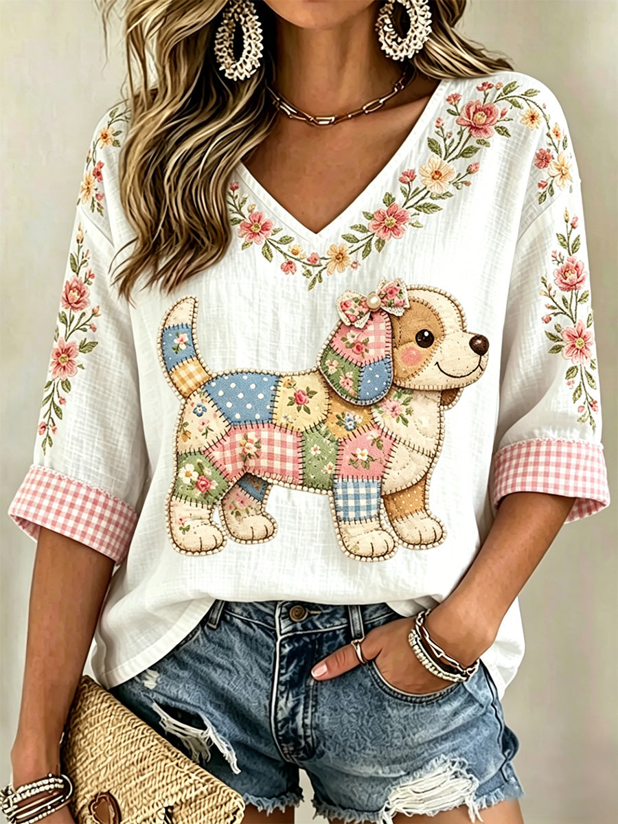 Cão Floral feminino Imprimir Casual V-Neck Top