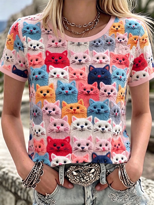 Colorido gatos bonitos padrão feminino redondo pescoço Top de linho