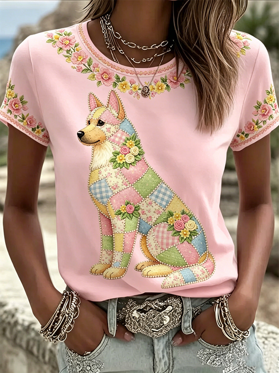 Camiseta casual feminina com estampa floral de cães