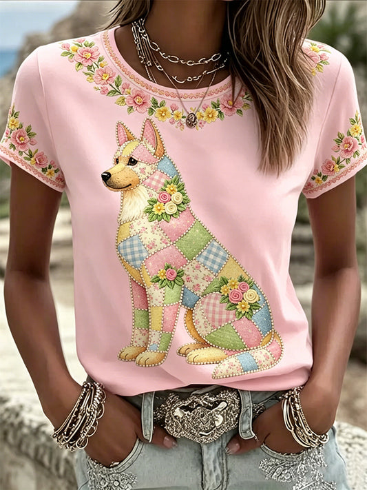 Camiseta casual feminina com estampa floral de cães