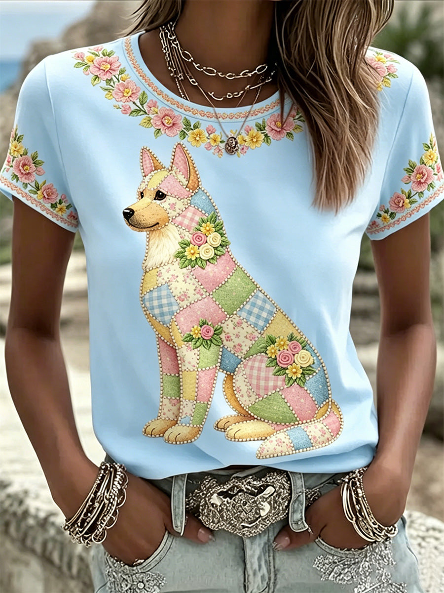 Camiseta casual feminina com estampa floral de cães