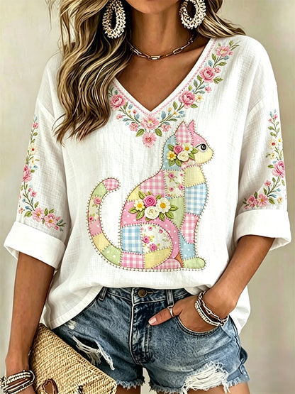 Blusa casual com estampa de gato e flores, decote em V, para mulheres