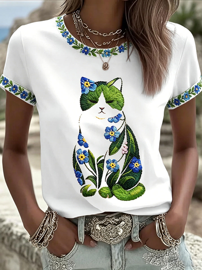 Camiseta casual feminina com estampa de gato e flores
