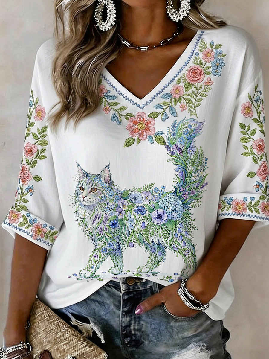 Camisa casual de manga curta com estampa floral e gato para mulheres