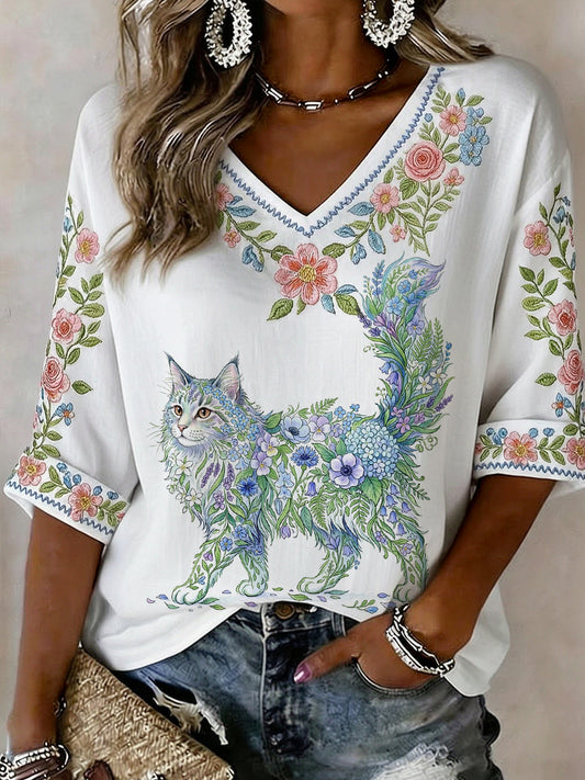 Camisa casual de manga curta com estampa floral e gato para mulheres