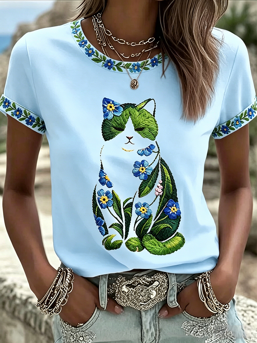 Camiseta casual feminina com estampa de gato e flores