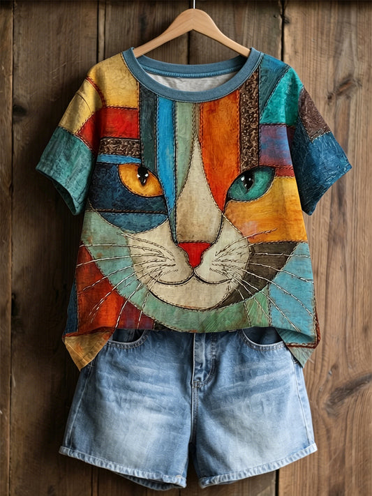 Gato Vintage rosto Colorblock Patchwork arte algodão linho manga curta Top do mulheres