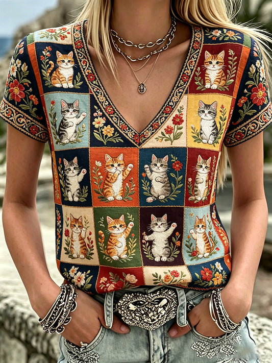 Plantas e flores das mulheres gato bonito imprimir t-shirt Casual V-Neck