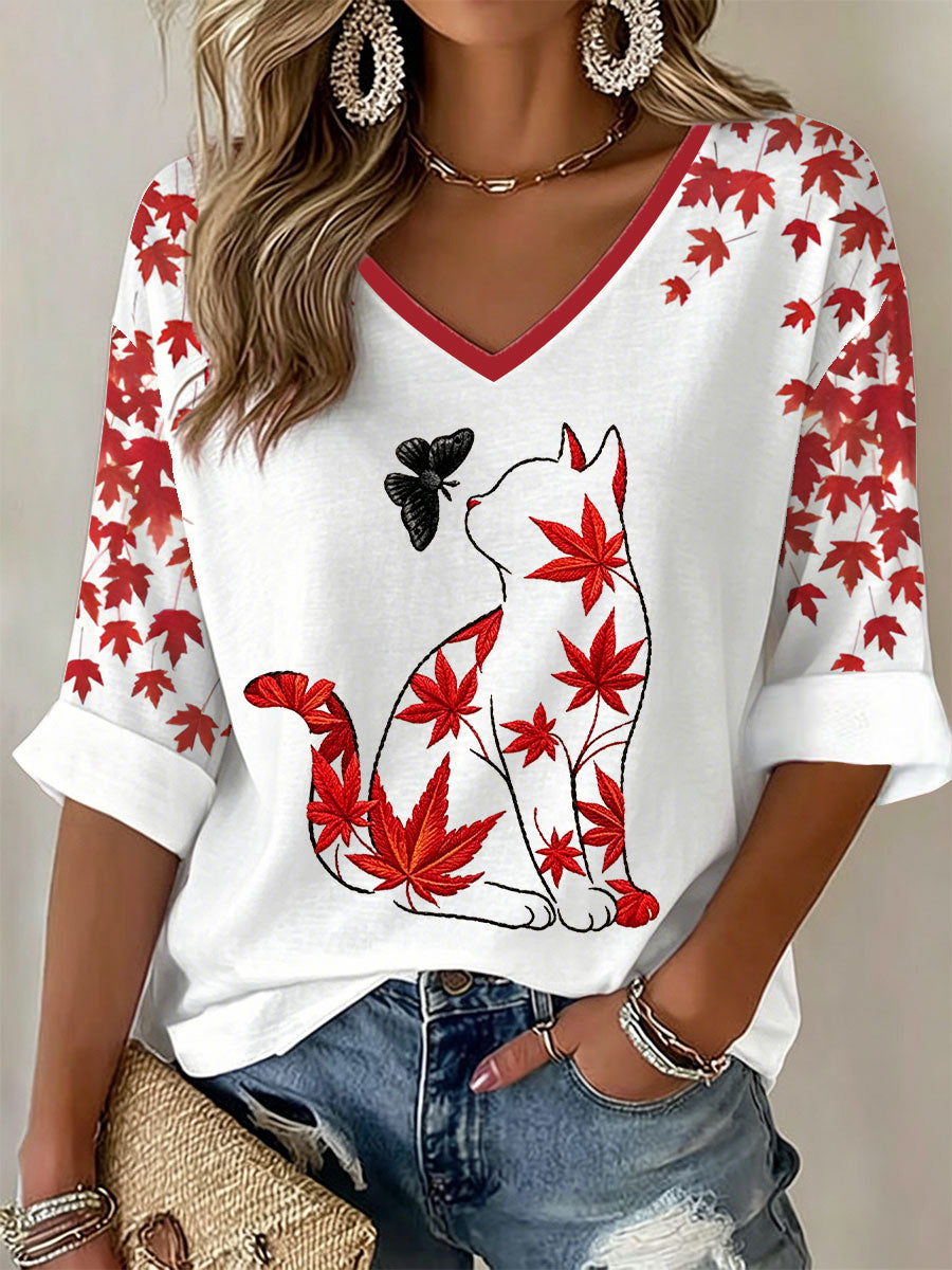 T-shirt casual impressão gato feminino