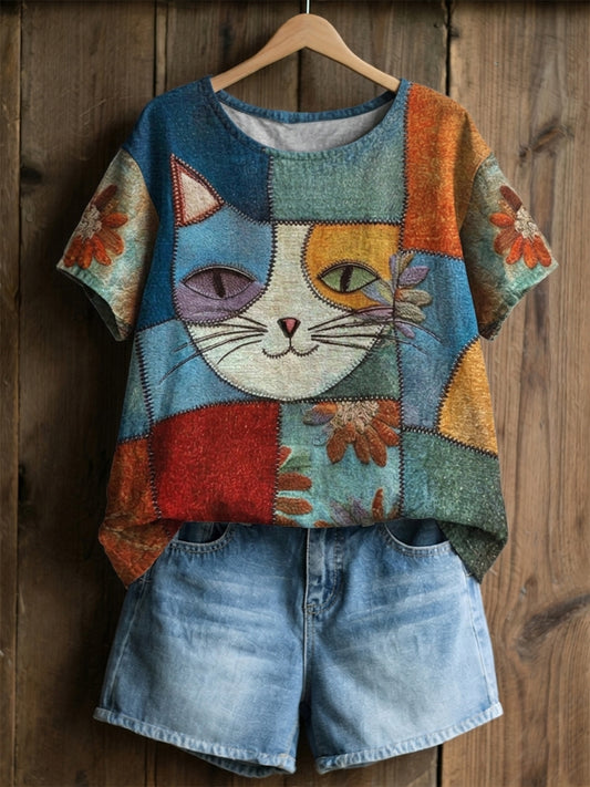 Blusa feminina vintage com estampa de rosto de gato, patchwork em cores contrastantes, feita de algodão e linho, manga curta