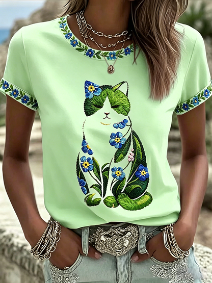 Camiseta casual feminina com estampa de gato e flores