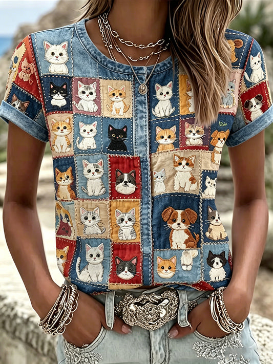 Gato Vintage e cão arte cor-bloco algodão linho gola manga curta t-shirt do mulheres