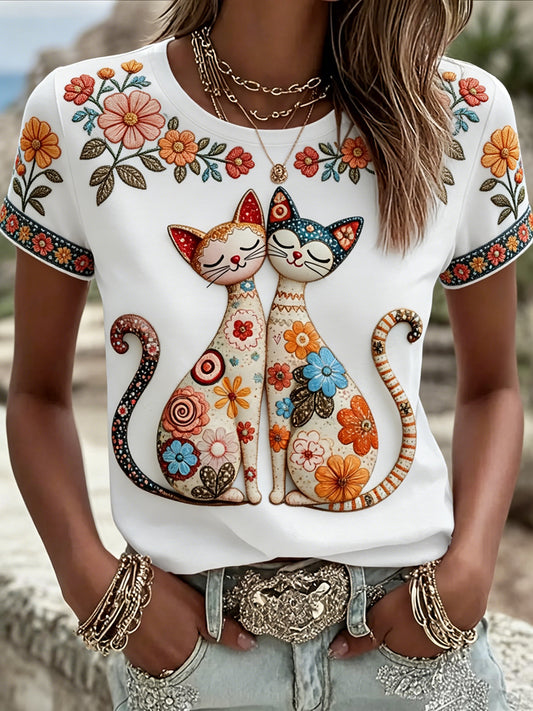 Camiseta casual feminina fofa com estampa de gatos e flores